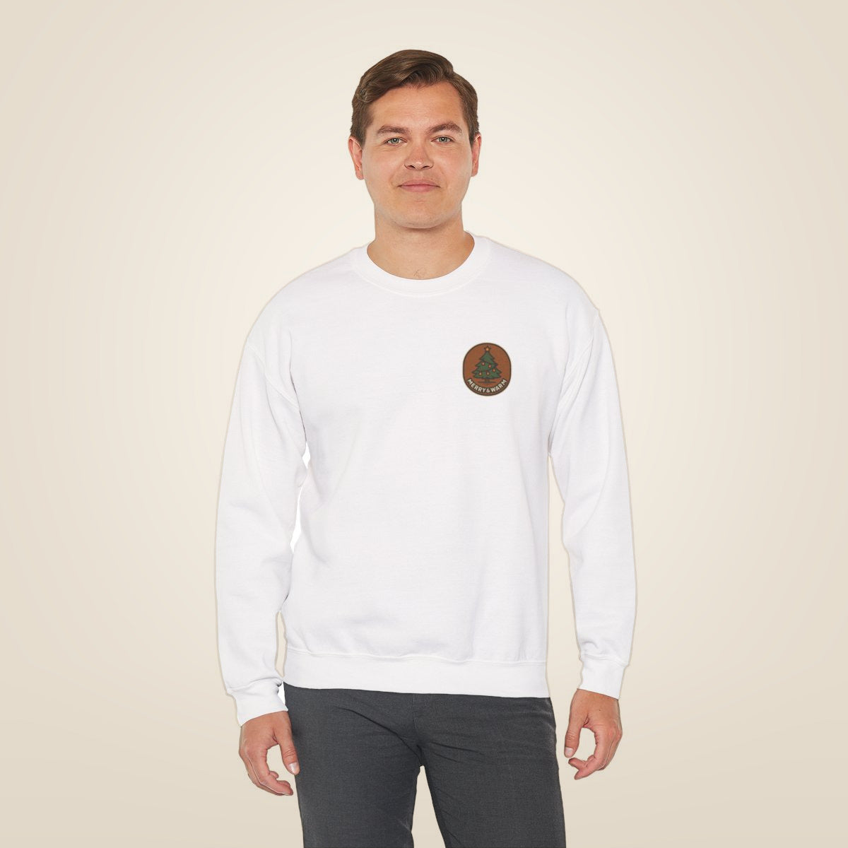Christmas Tree Sweatshirt - White worn by a model | MR7ART