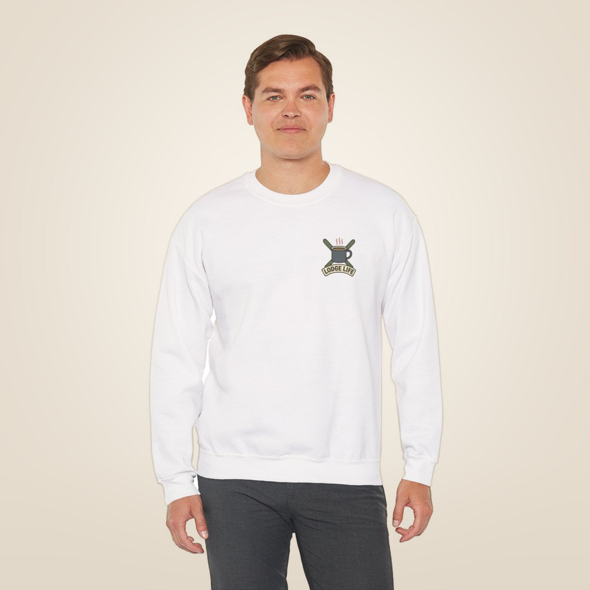 Ski Lodge Sweatshirt - White worn by a model | MR7ART