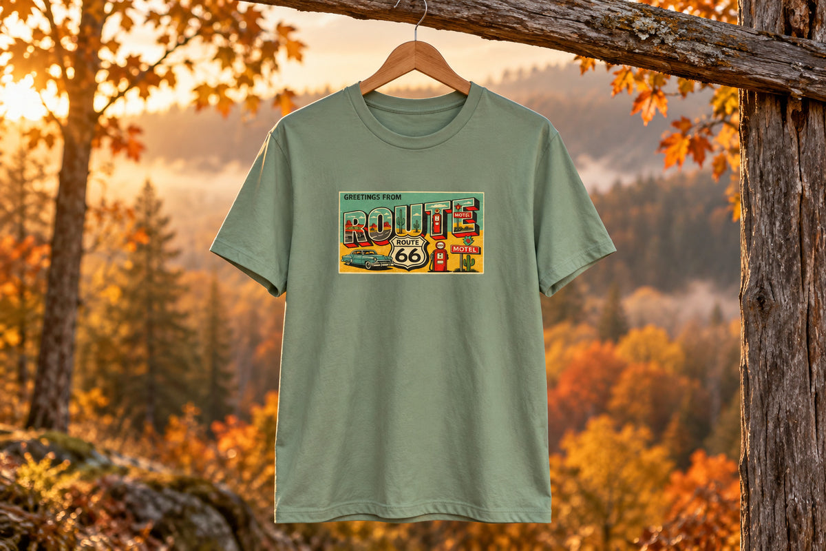 Route 66 Postcard design T-Shirt - Sage on a wooden hanger outdoors | MR7ART