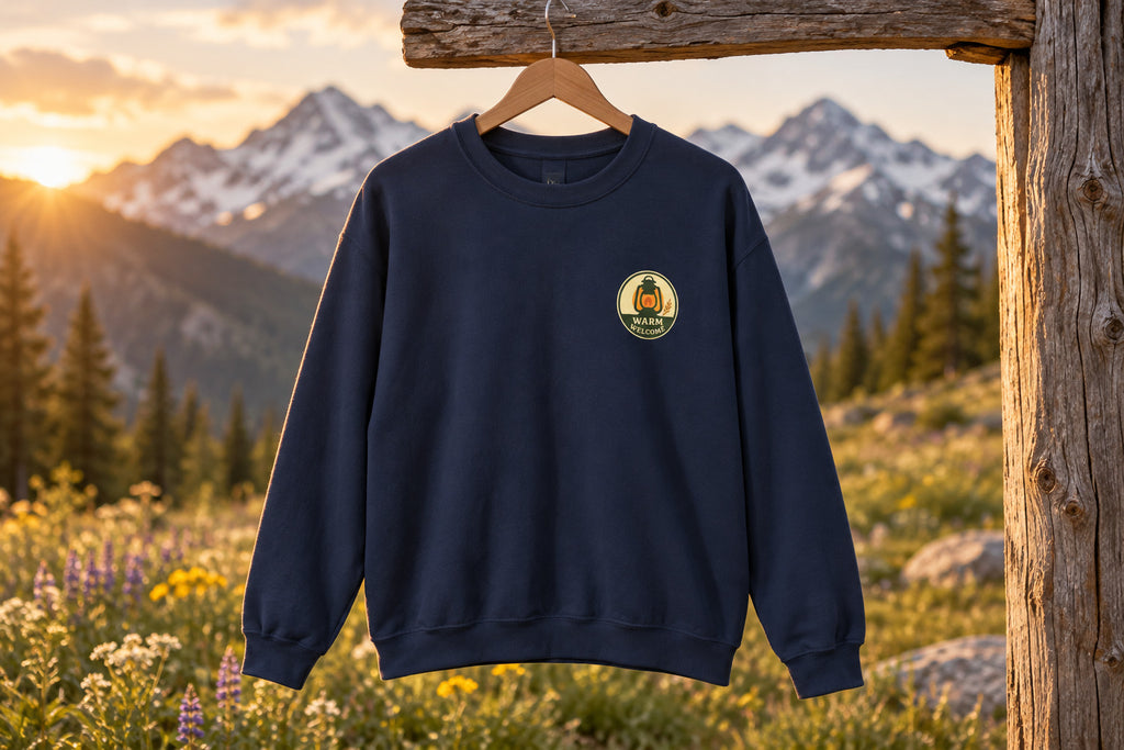 Thanksgiving Host Gift Sweatshirt - Navy on a wooden hanger outdoors | MR7ART