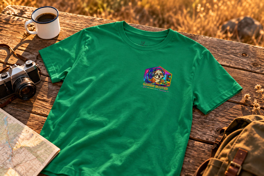 Retro Gamer Skull tee - Kelly on a rustic wooden table | MR7ART