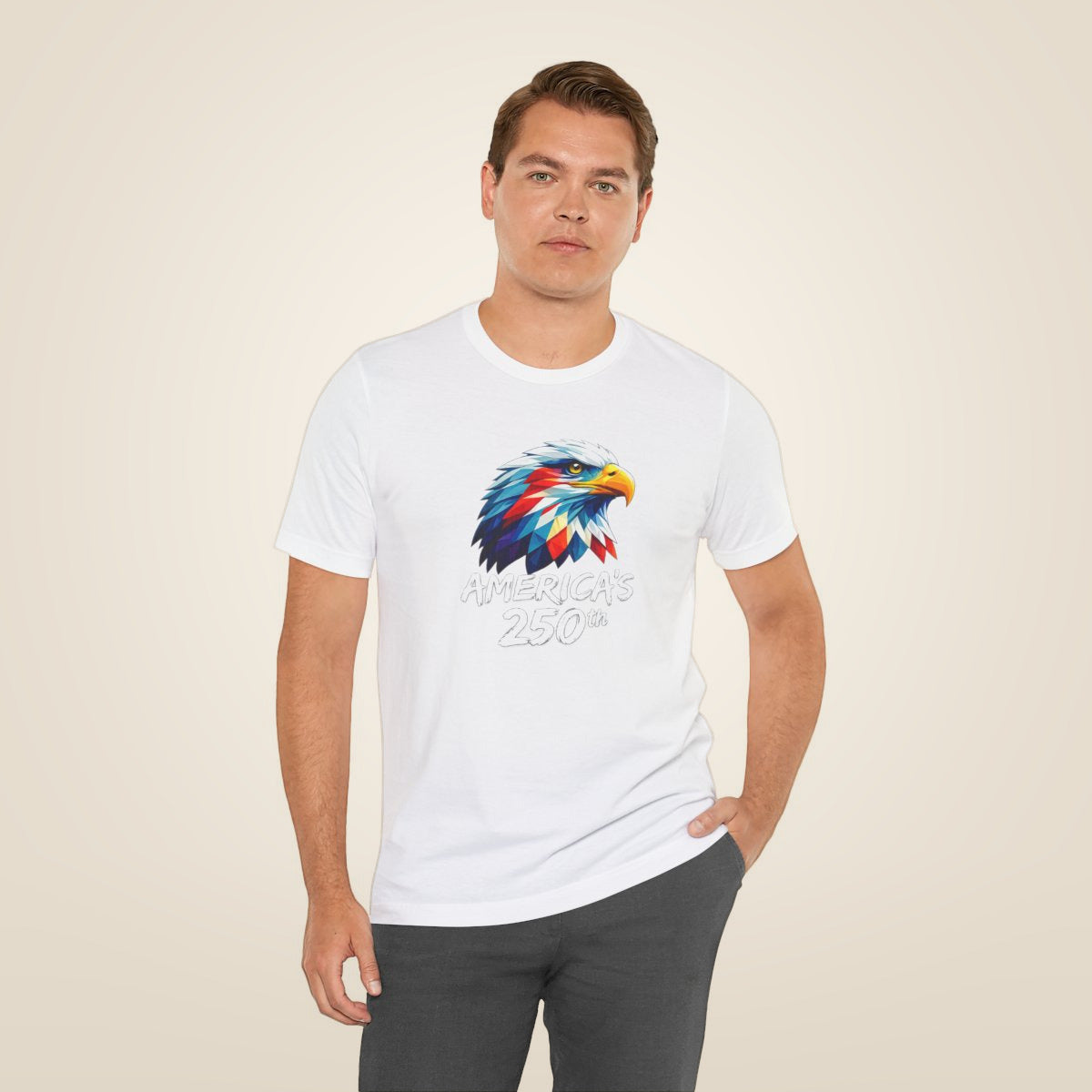 Colorful Geometric Eagle America's 250th T-Shirt - White worn by a model | MR7ART
