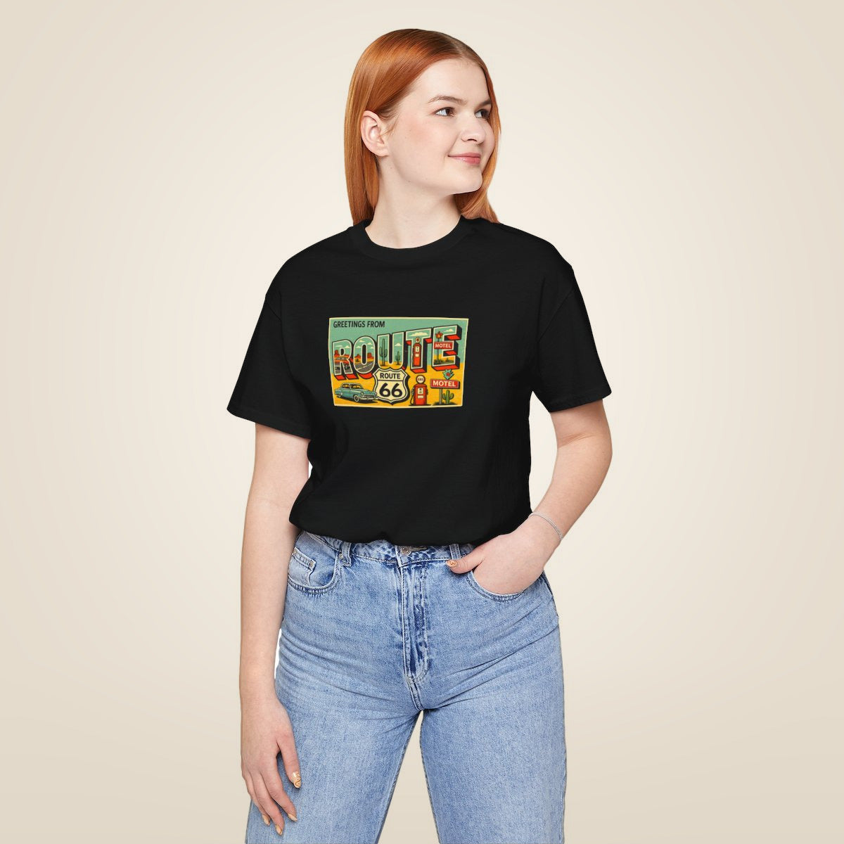 Route 66 Postcard design T-Shirt - Black worn by a model | MR7ART