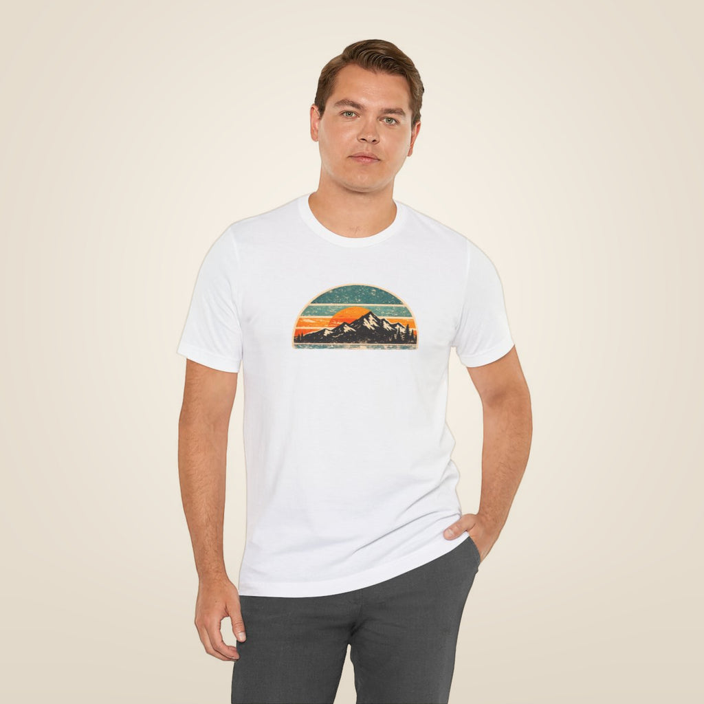 Retro Mountain Sunset Tee - White worn by a model | MR7ART