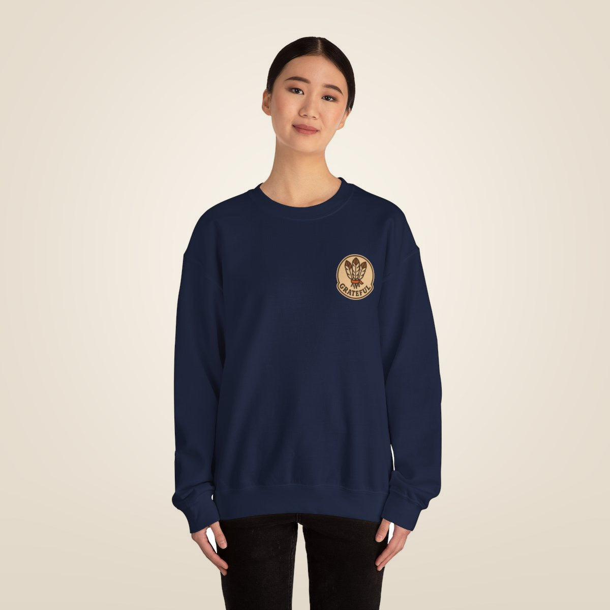 Thanksgiving Hostess Gift Sweatshirt - Navy worn by a model | MR7ART