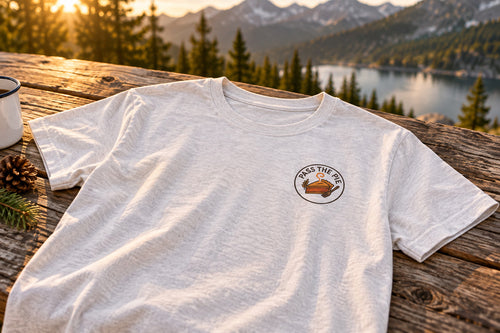 Friendsgiving Tee - Ash on a rustic wooden table | MR7ART