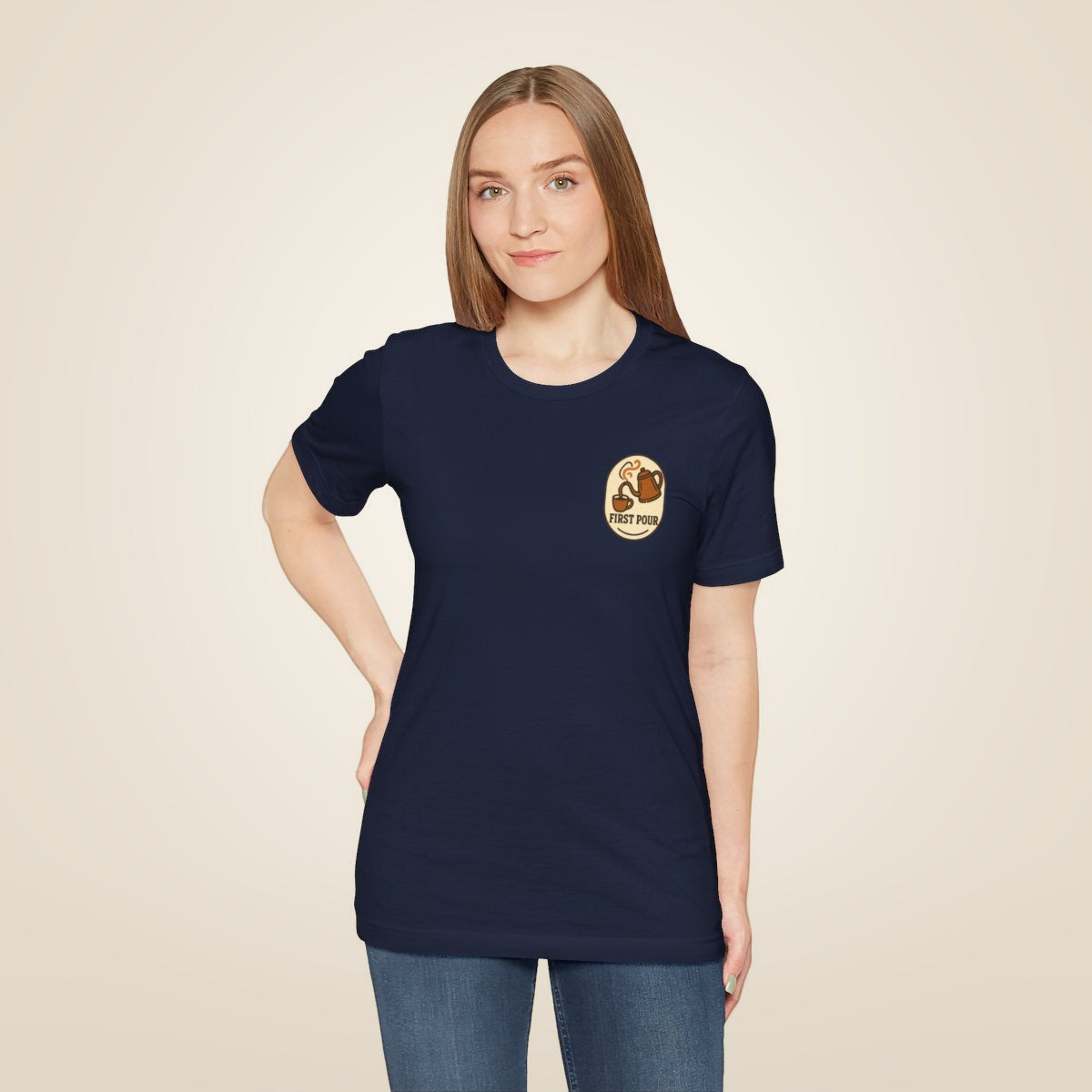Pour Over Coffee Tee - Navy worn by a model | MR7ART