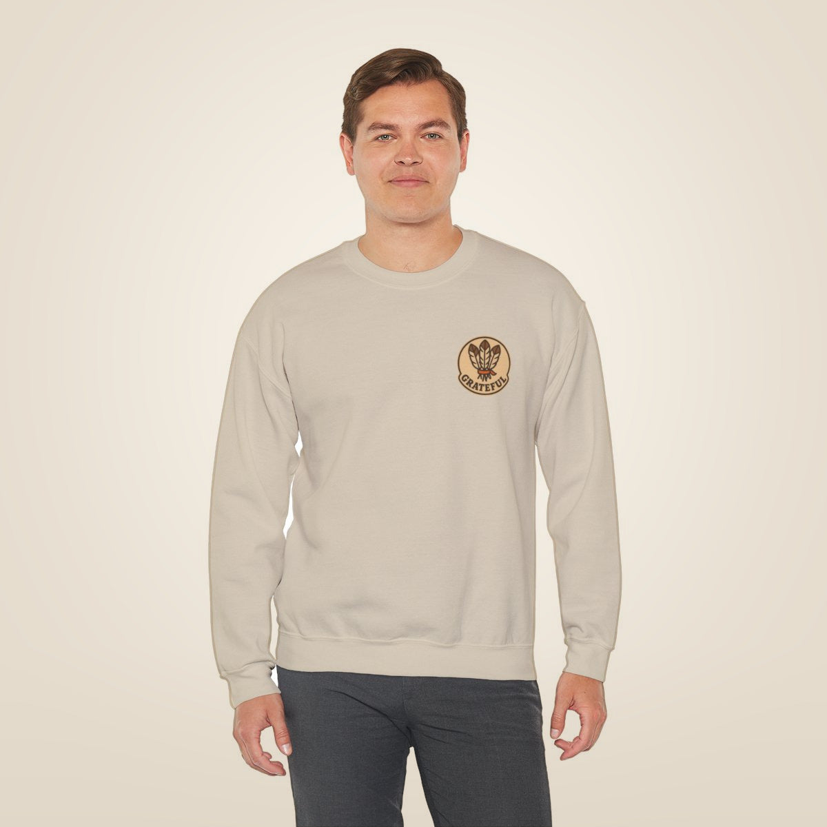 Thanksgiving Hostess Gift Sweatshirt - Sand worn by a model | MR7ART