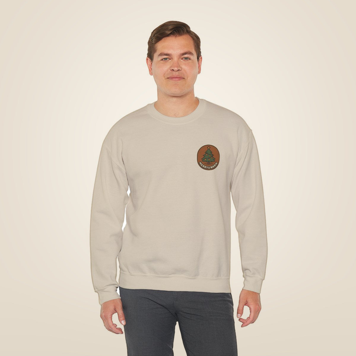 Christmas Tree Sweatshirt - Sand worn by a model | MR7ART