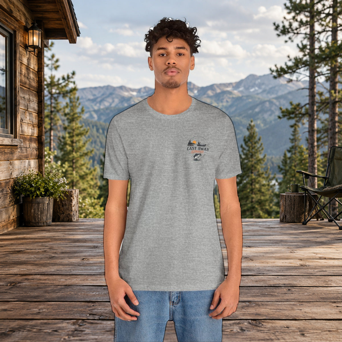 Fishing T-Shirt - "Cast Away" Graphic Tee with Sunset & Bass - Athletic Heather worn by a model | MR7ART