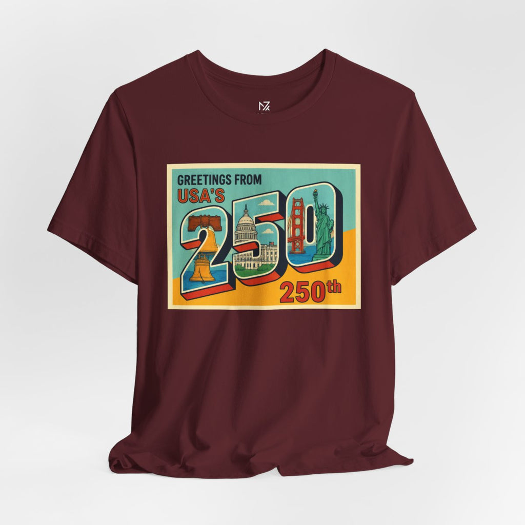 Greetings From USA 250th Vintage Postcard T-Shirt - Maroon flat lay | MR7ART