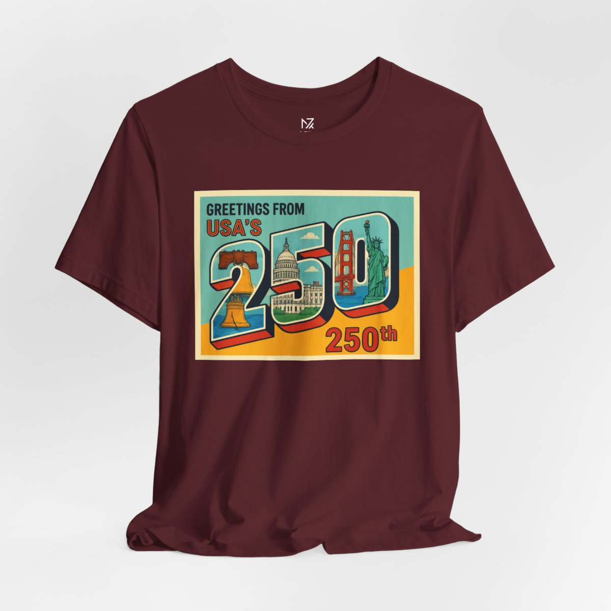 Greetings From USA 250th Vintage Postcard T-Shirt - Maroon flat lay | MR7ART