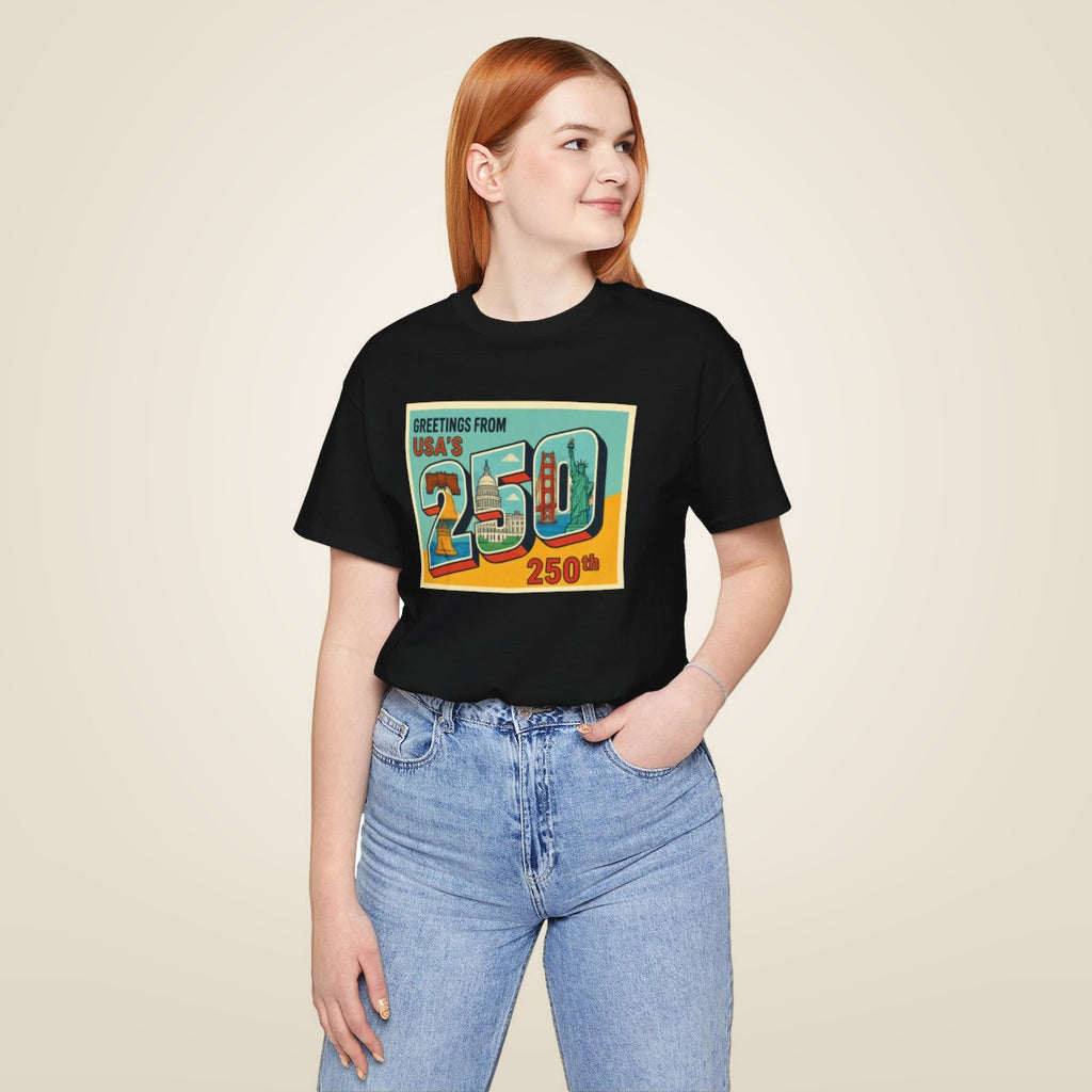 Greetings From USA 250th Vintage Postcard T-Shirt - Black worn by a model | MR7ART