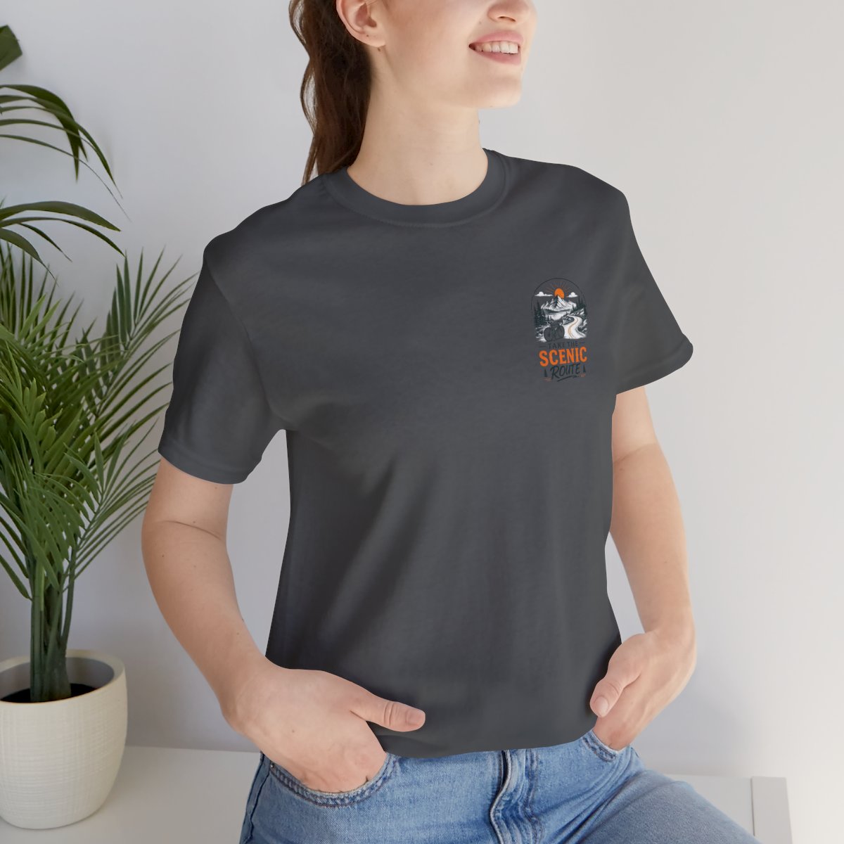 Scenic Route Graphic Tee — Vintage Road Trip Pocket Design - Asphalt worn by a model | MR7ART