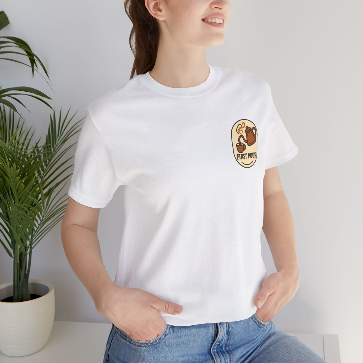 Pour Over Coffee Tee - White worn by a model | MR7ART