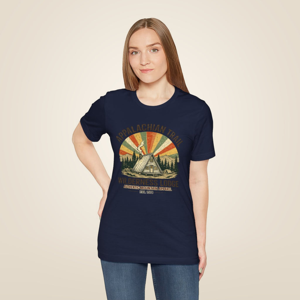 Appalachian Trail Wilderness Lodge Tee - Navy worn by a model | MR7ART