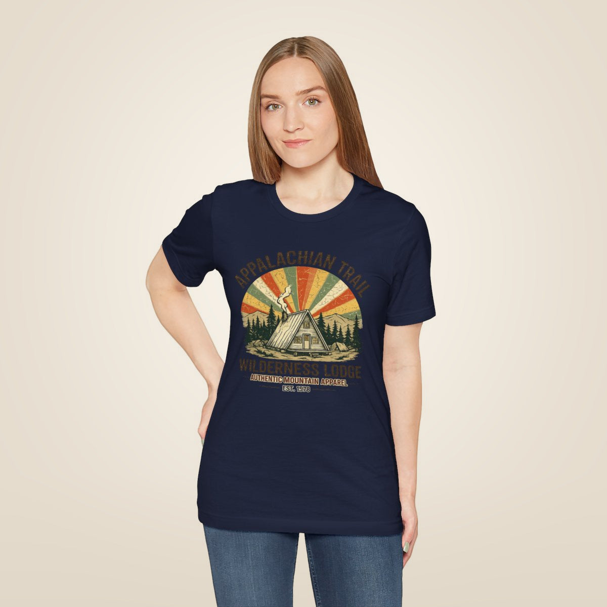 Appalachian Trail Wilderness Lodge Tee - Navy worn by a model | MR7ART