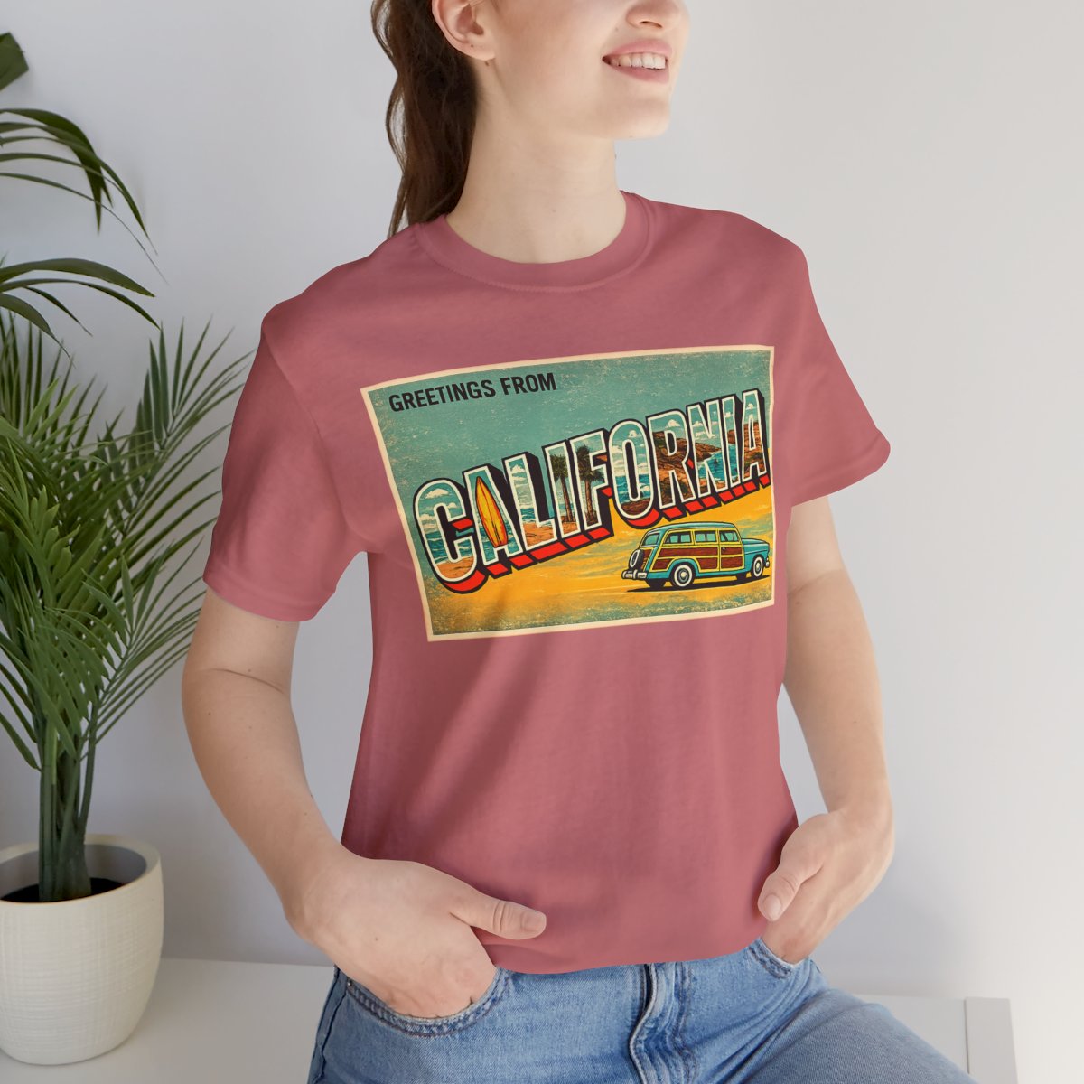 Unisex Jersey Short Sleeve Tee - Mauve worn by a model | MR7ART