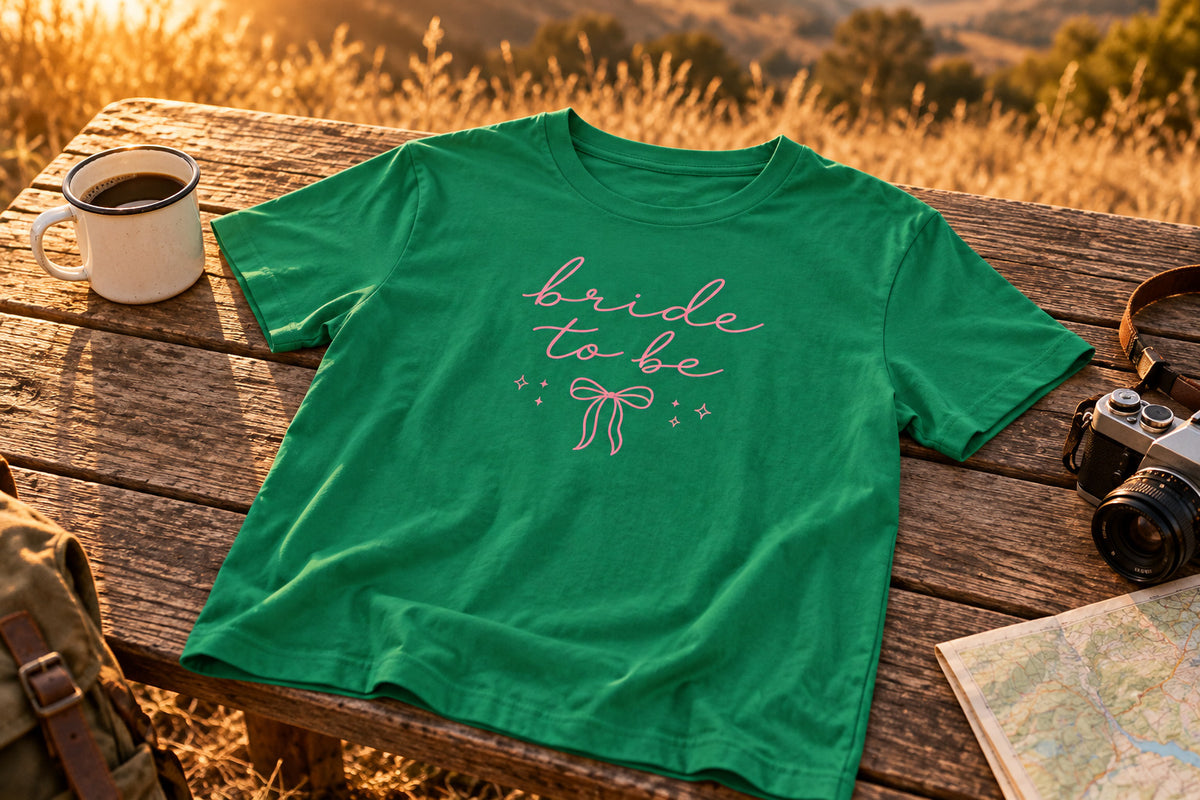 Bride to Be tee - Kelly on a rustic wooden table | MR7ART