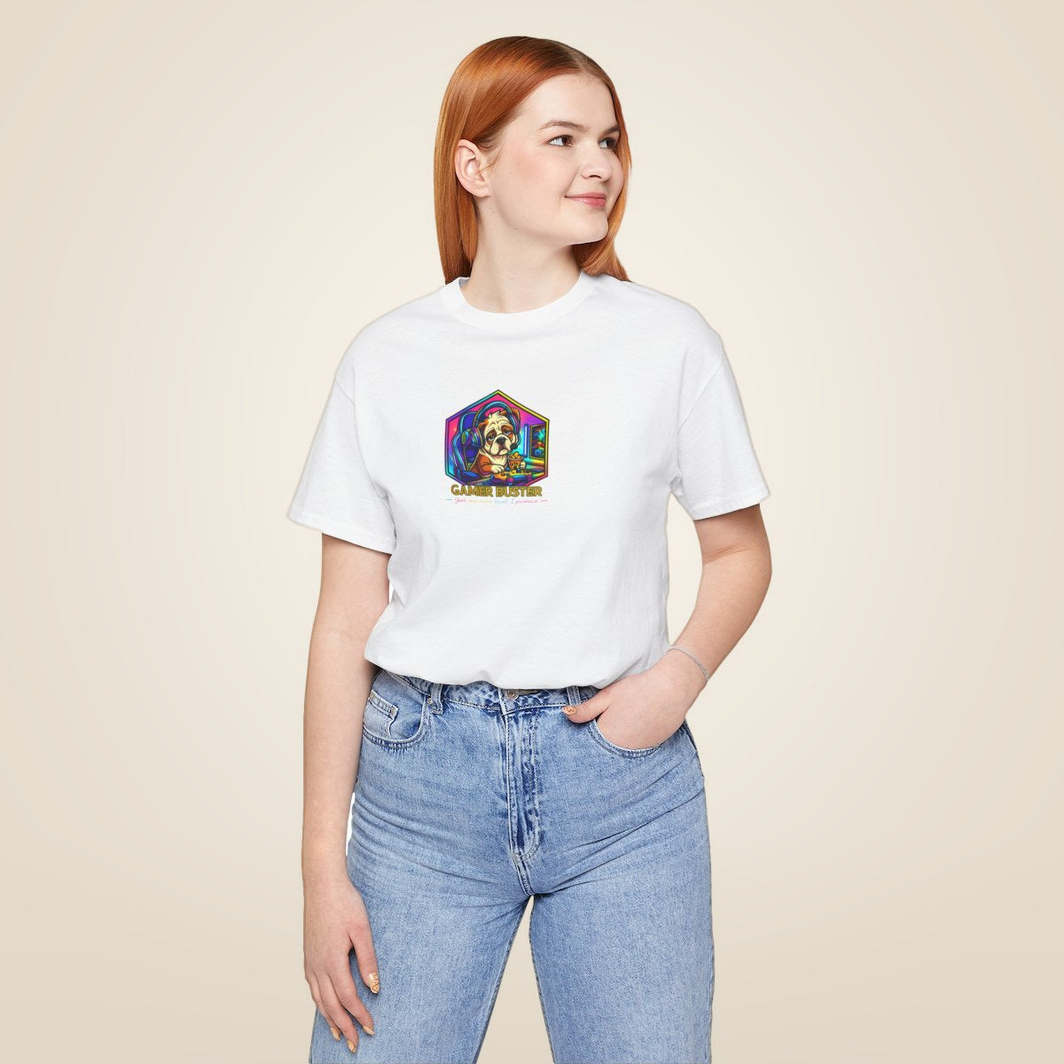 Retro Gamer Skull tee - White worn by a model | MR7ART