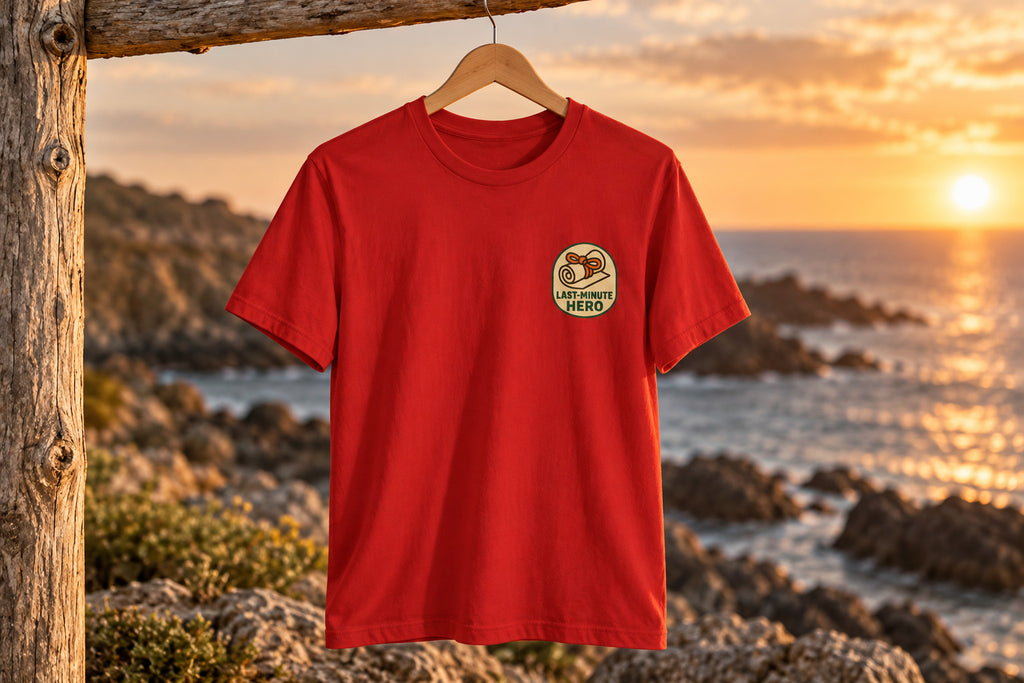 Last-Minute Gift Tee - Red on a wooden hanger outdoors | MR7ART
