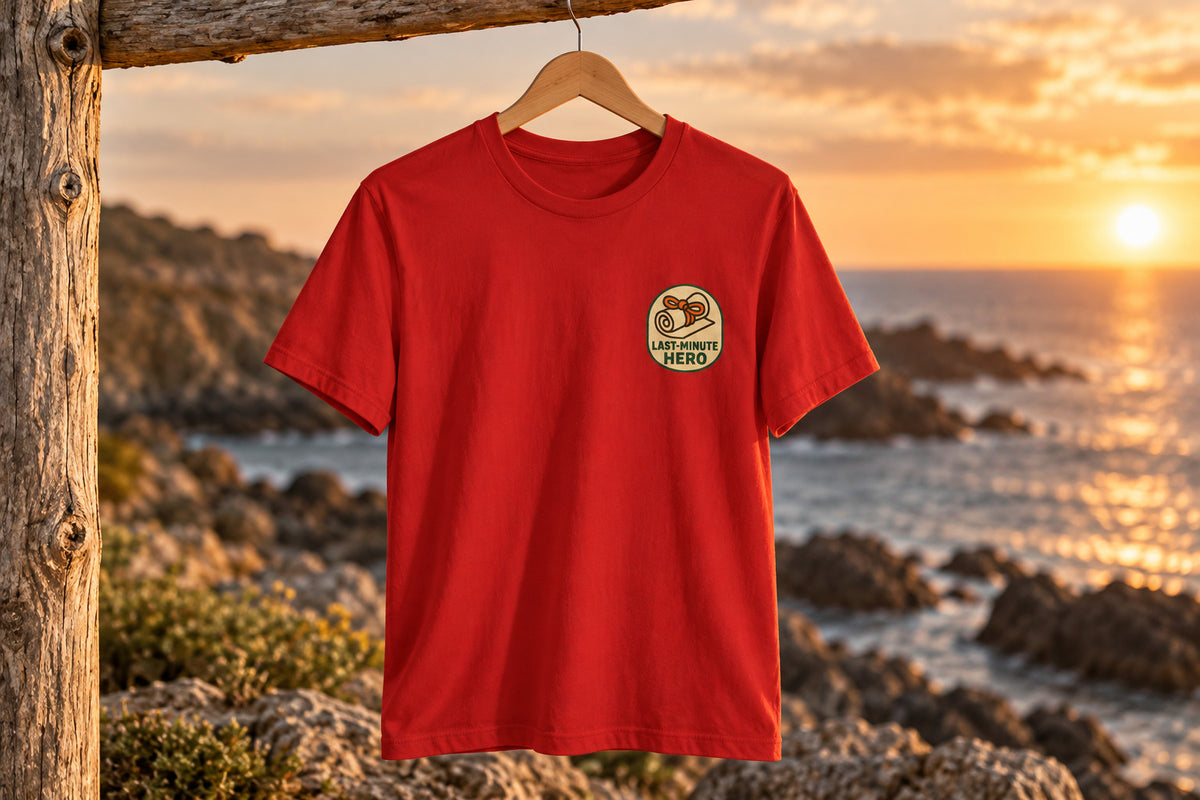 Last-Minute Gift Tee - Red on a wooden hanger outdoors | MR7ART