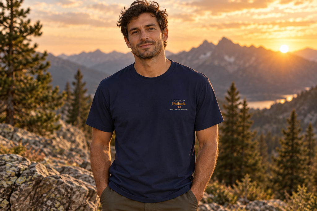 Thanksgiving Potluck Tee - Navy worn by a model | MR7ART