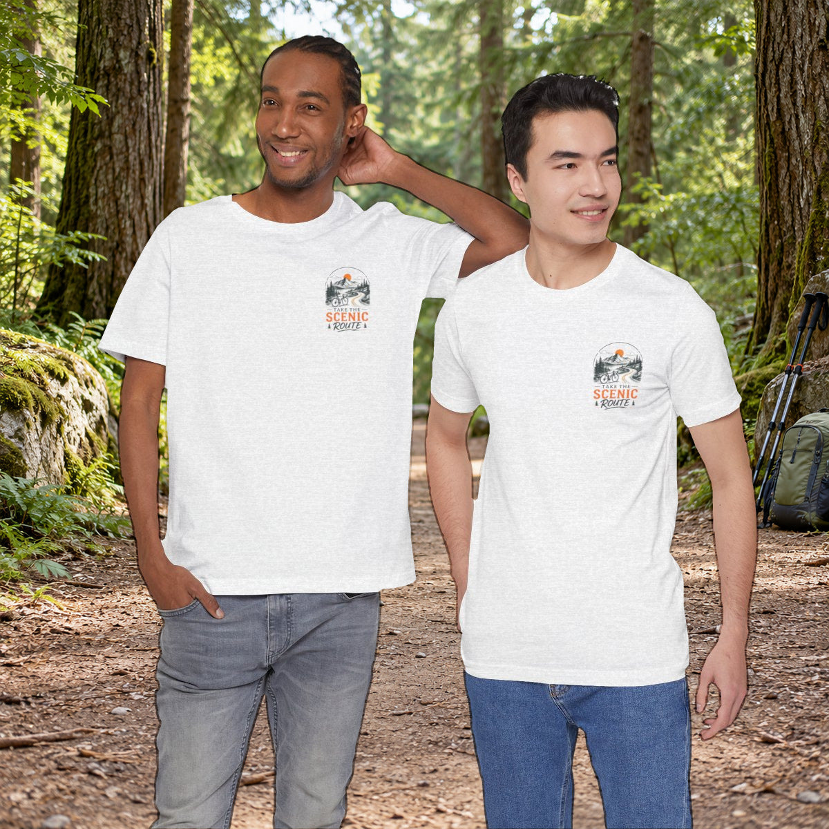 Scenic Route Graphic Tee — Vintage Road Trip Pocket Design - Ash worn by a model | MR7ART