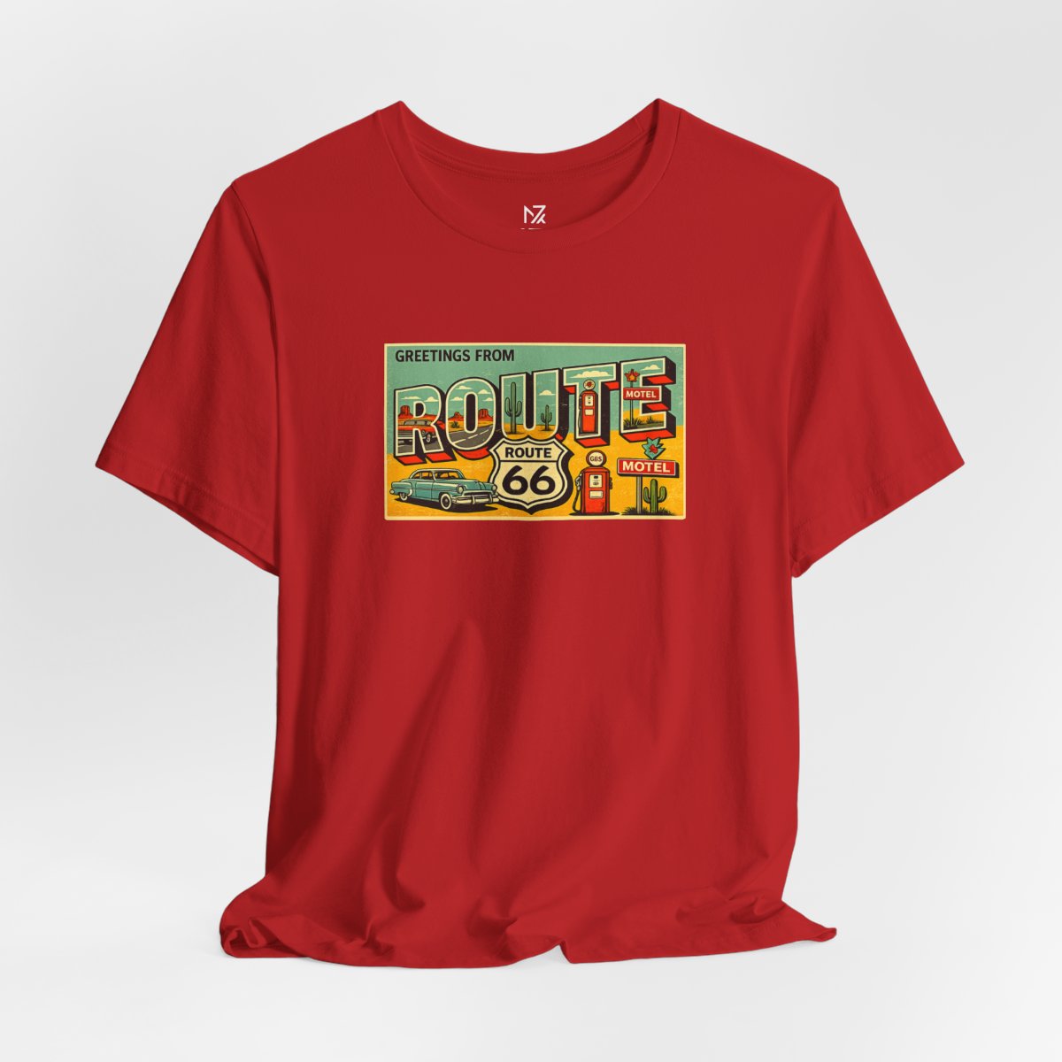 Route 66 Postcard design T-Shirt - Red flat lay | MR7ART