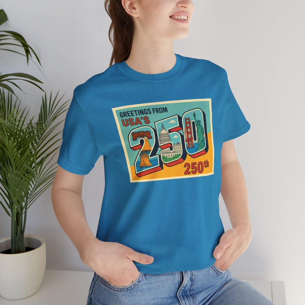 Greetings From USA 250th Vintage Postcard T-Shirt - Aqua worn by a model | MR7ART