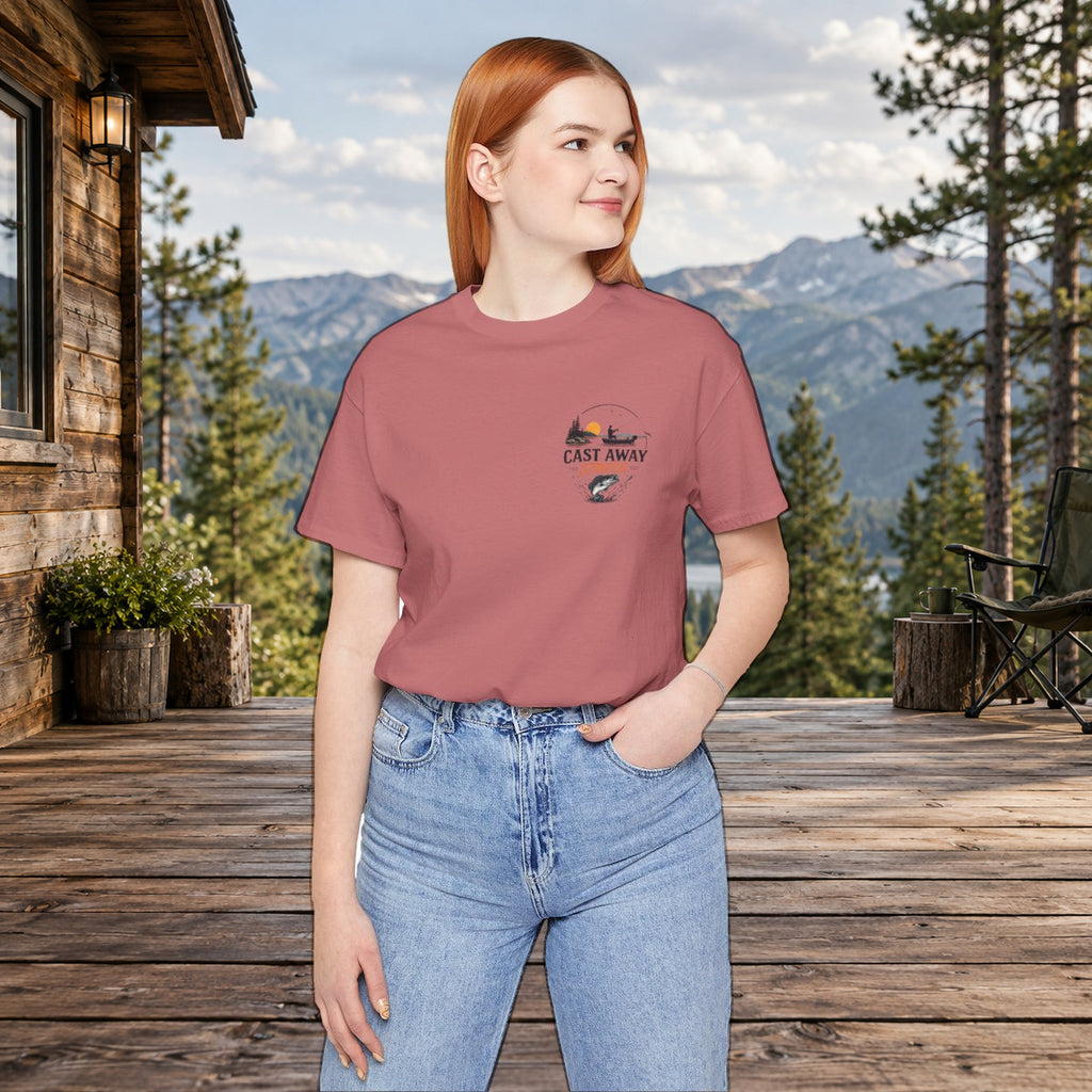 Fishing T-Shirt - "Cast Away" Graphic Tee with Sunset & Bass - Mauve worn by a model | MR7ART