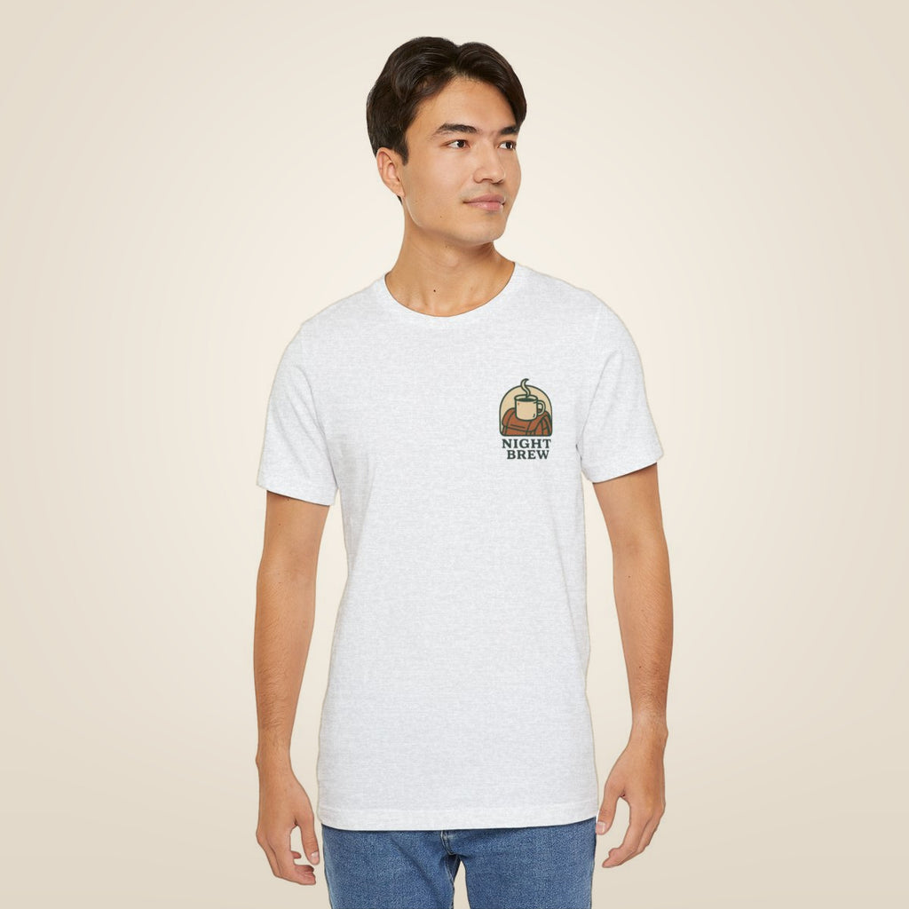 Camping Coffee Tee - Ash worn by a model | MR7ART