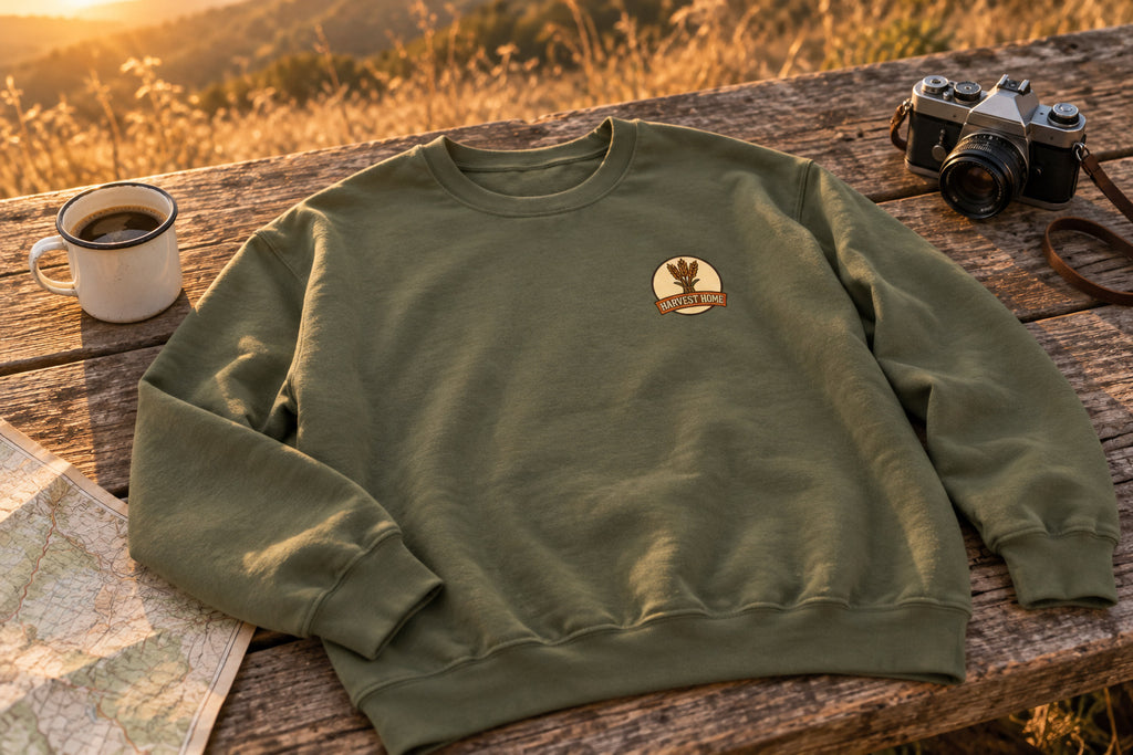 Thanksgiving Sweatshirt - Military Green on a rustic wooden table | MR7ART