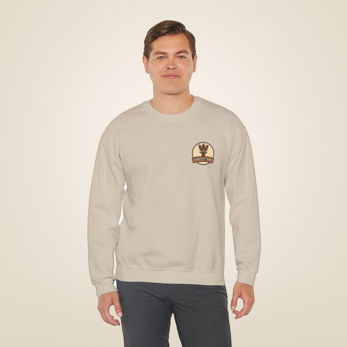 Thanksgiving Sweatshirt - Sand worn by a model | MR7ART