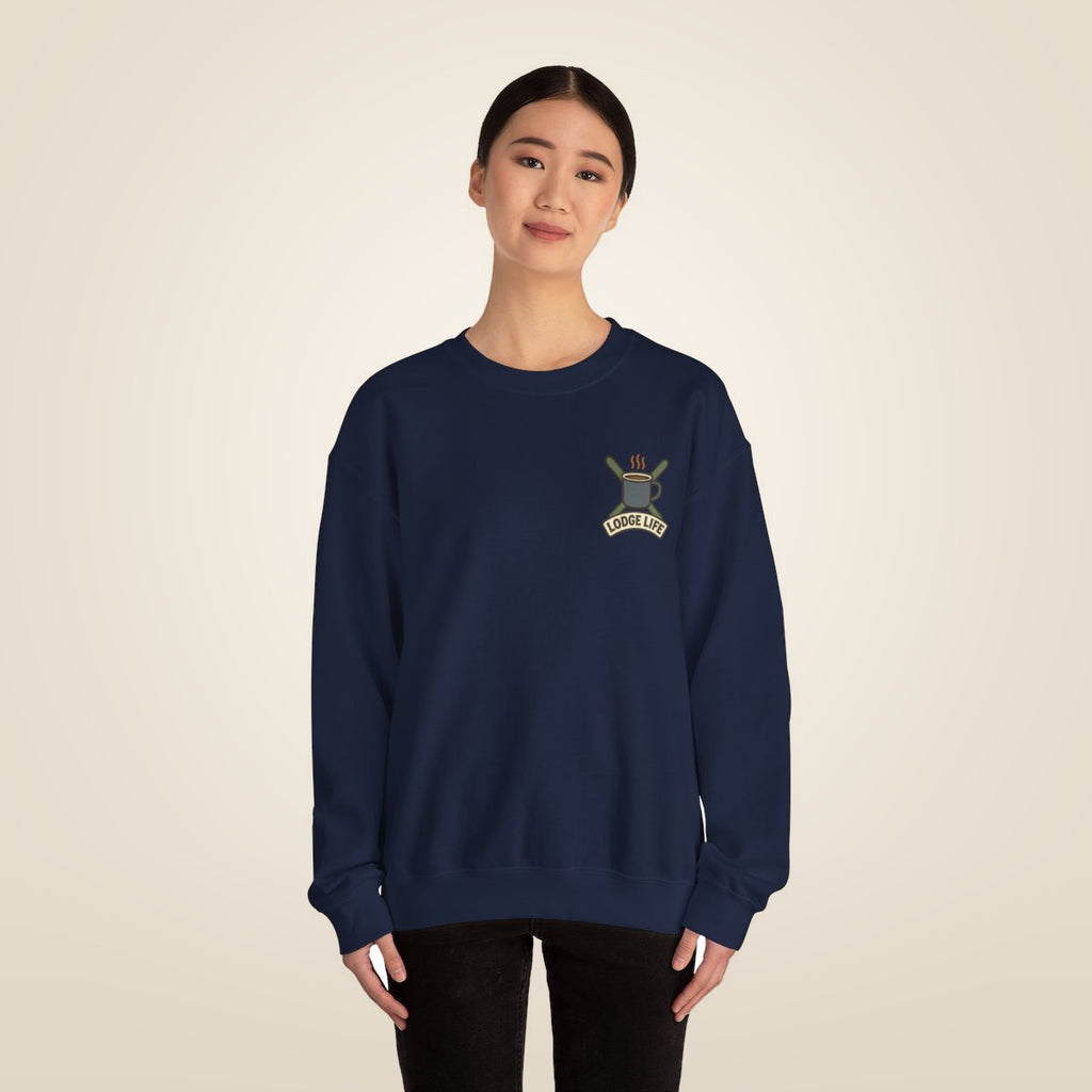 Ski Lodge Sweatshirt - Navy worn by a model | MR7ART