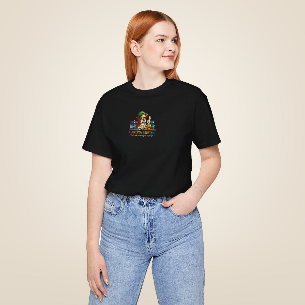 Barista Buster Coffee Monster T-Shirt - Black worn by a model | MR7ART
