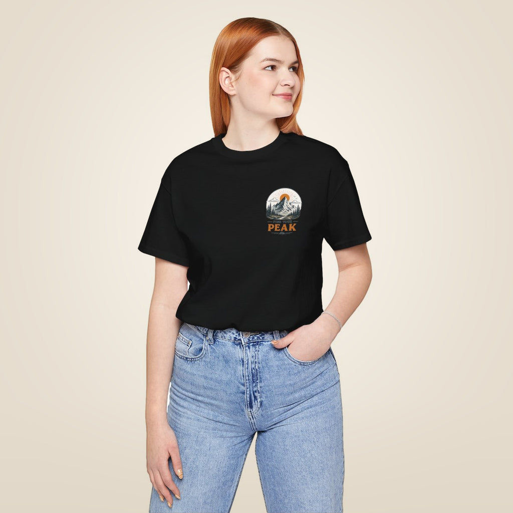 Peak Mountain Tee — Retro Sunrise Hiking T-Shirt - Black worn by a model | MR7ART