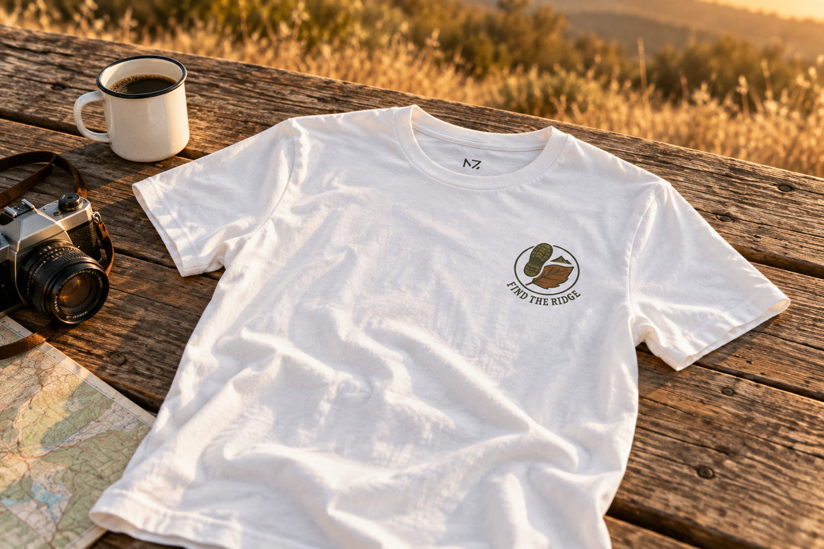 Hiking Tee - White on a rustic wooden table | MR7ART