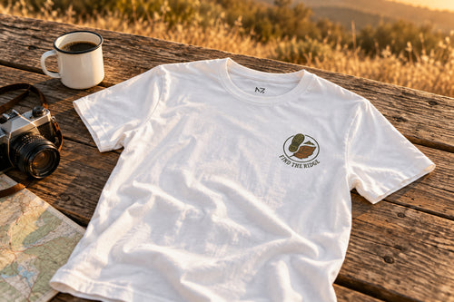 Hiking Tee - White on a rustic wooden table | MR7ART