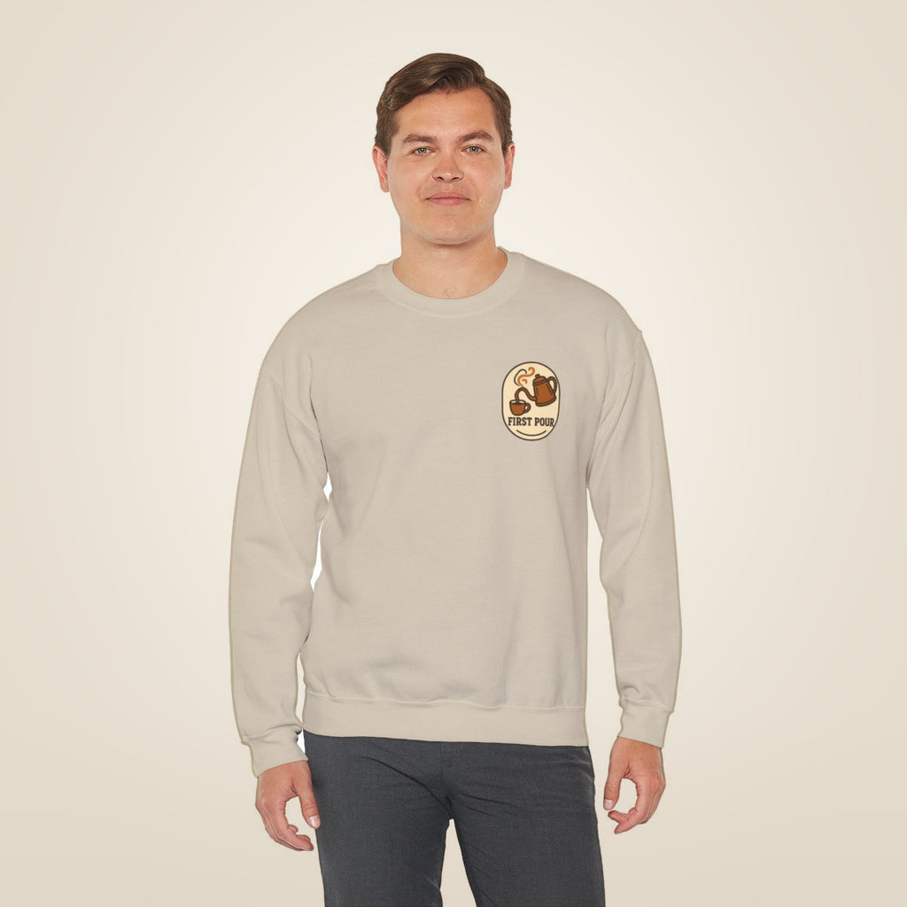 Pour Over Coffee Sweatshirt - Sand worn by a model | MR7ART