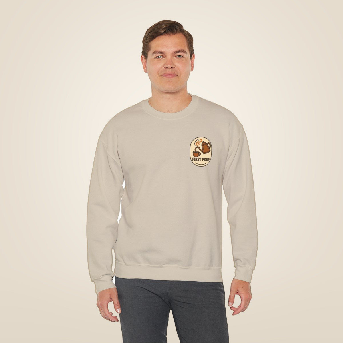 Pour Over Coffee Sweatshirt - Sand worn by a model | MR7ART