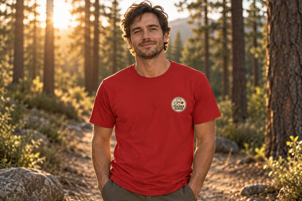 Nurse Thanksgiving Tee - Red worn by a model | MR7ART