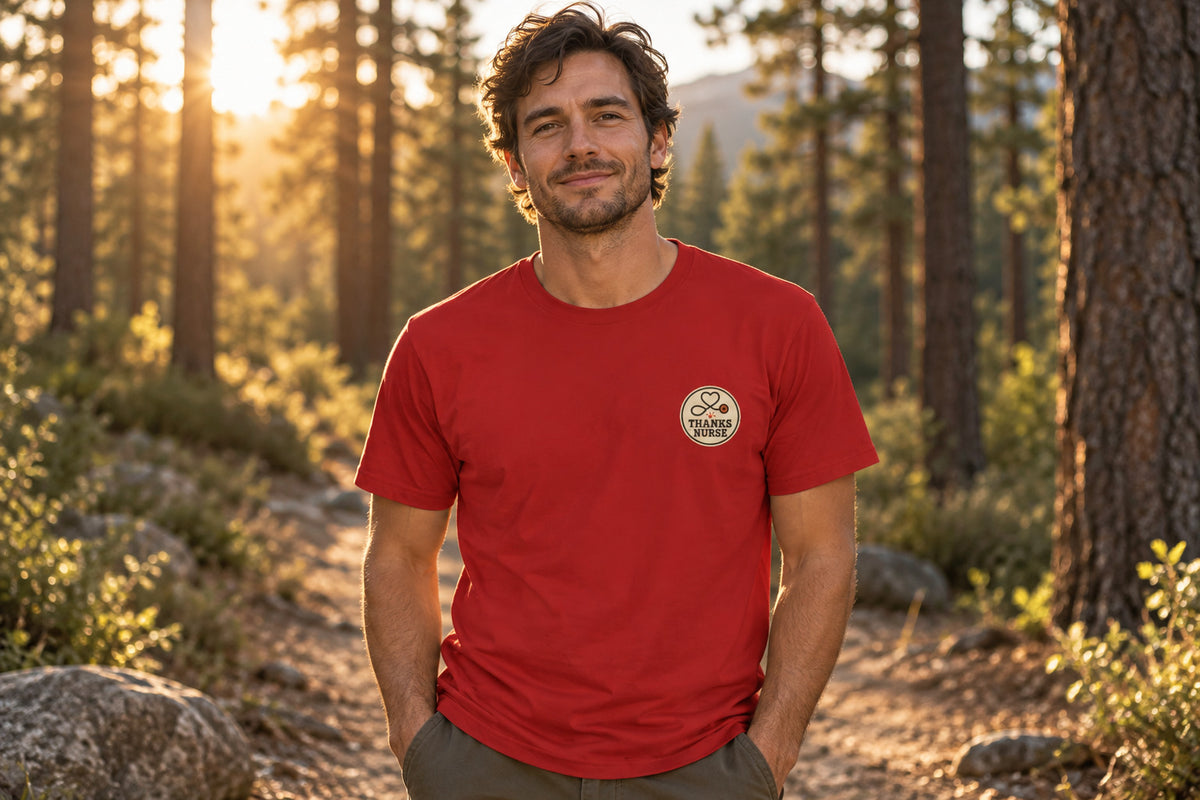 Nurse Thanksgiving Tee - Red worn by a model | MR7ART