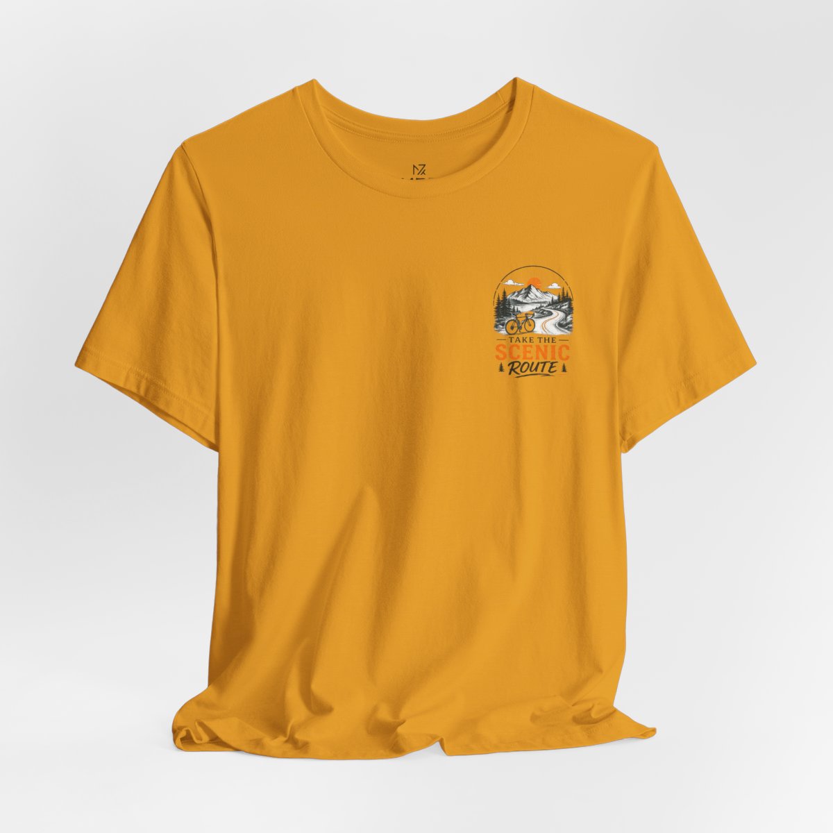 Scenic Route Graphic Tee — Vintage Road Trip Pocket Design - Mustard flat lay | MR7ART