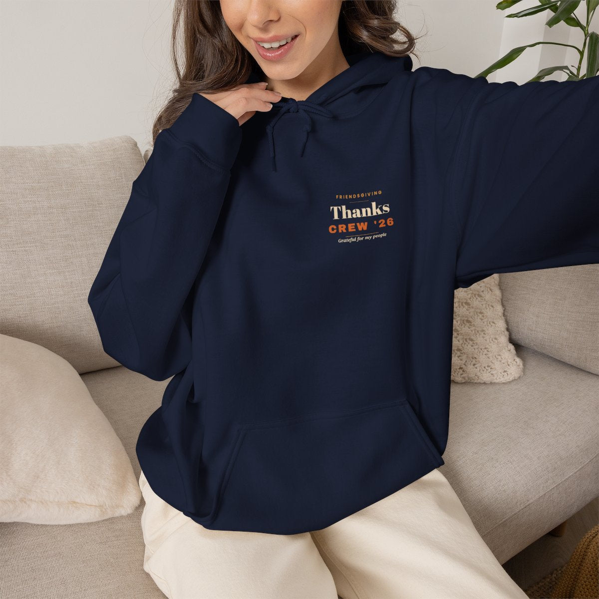 Friendsgiving Hoodie - Navy worn by a model | MR7ART