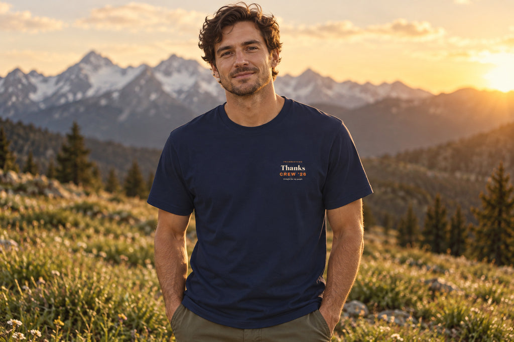 Friendsgiving Tee - Navy worn by a model | MR7ART