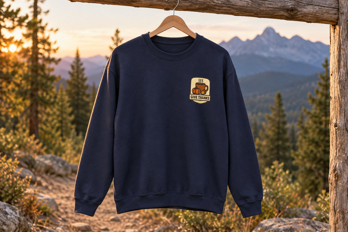 Thanksgiving Sweatshirt - Navy on a wooden hanger outdoors | MR7ART