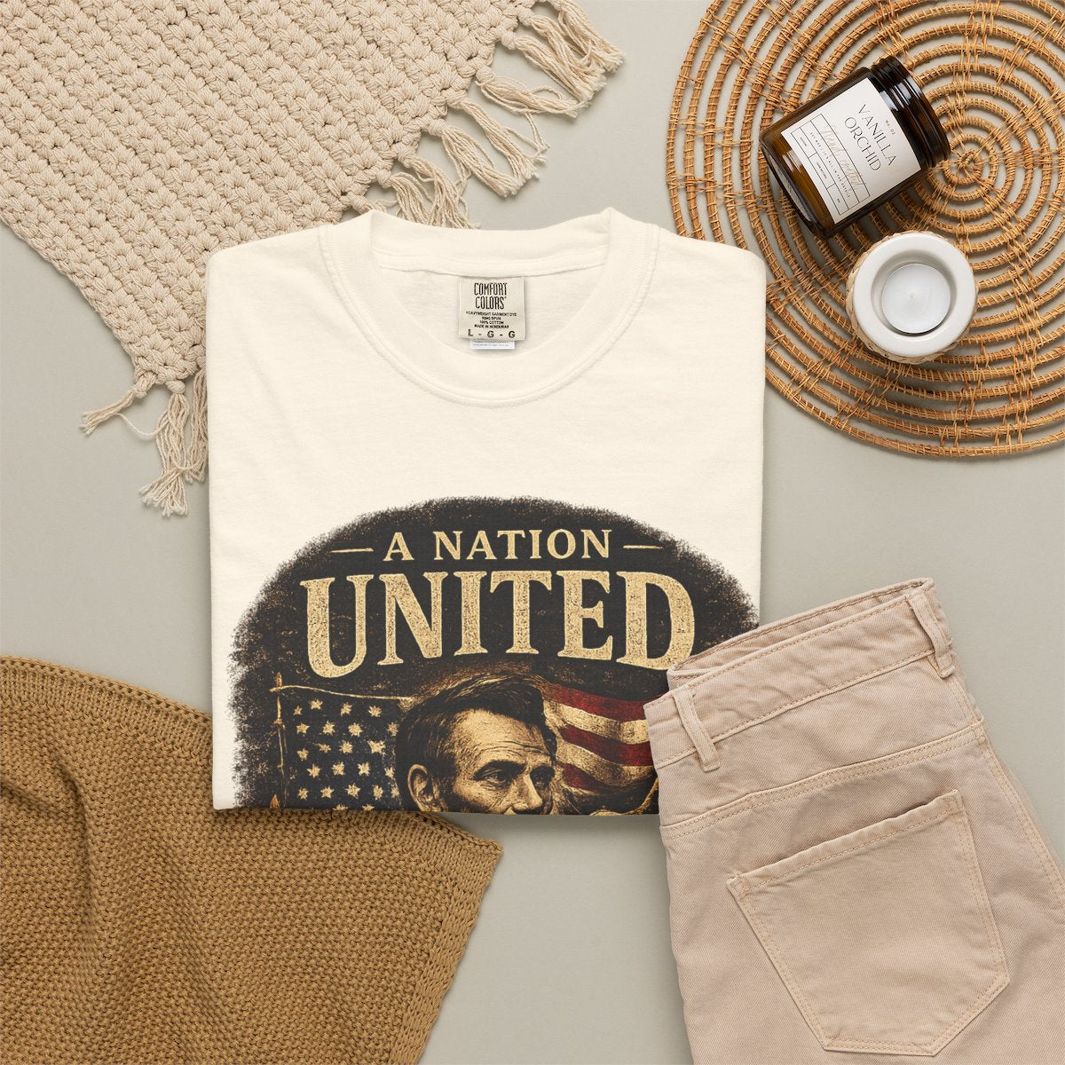 Vintage Lincoln Patriotic Shirt, A Nation United Tee, Abraham Lincoln Graphic T-Shirt, USA Flag Shirt, American History Tee, Civil War Shirt - Ivory product photo | MR7ART
