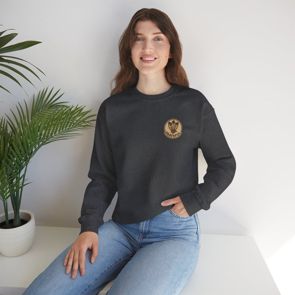 Thanksgiving Hostess Gift Sweatshirt - Dark Heather worn by a model | MR7ART