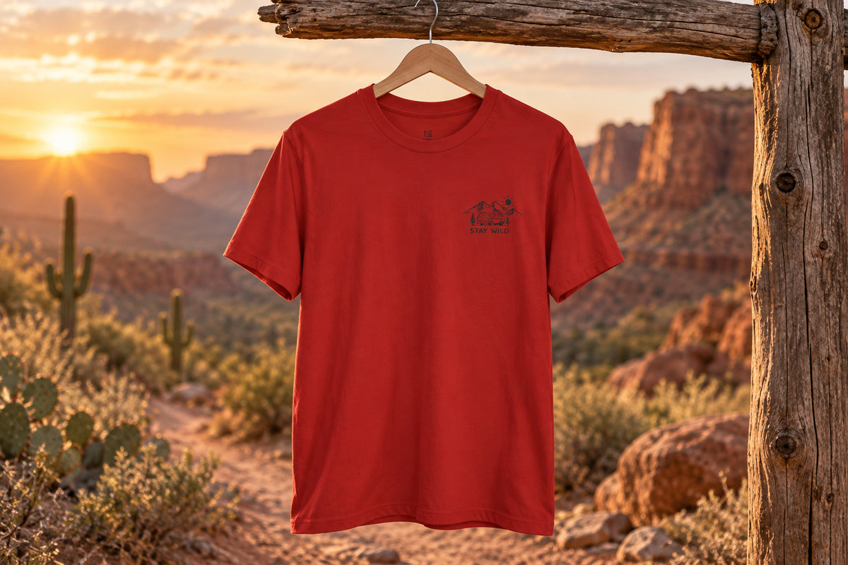 Mountain Landscape tee - Red on a wooden hanger outdoors | MR7ART